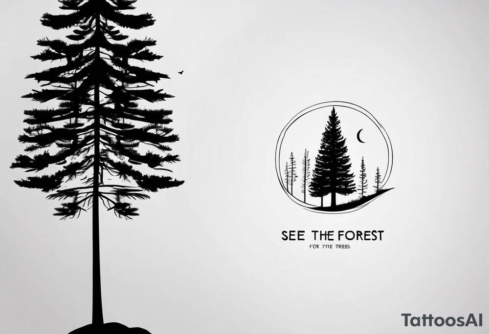 Tattoo with the words "see the forest for the trees" in any style font, around a tree in any way. black and white, tattoo, simple, elegant, pine tree, fine-line, easy to read tattoo idea
