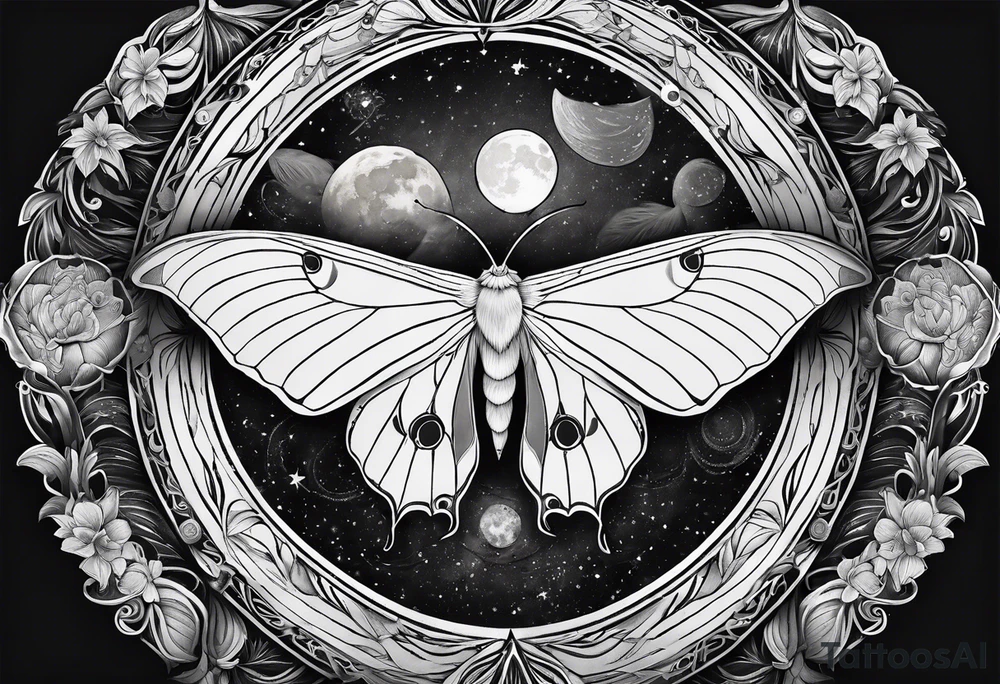 luna moth surrounded by the phases of the moon tattoo idea