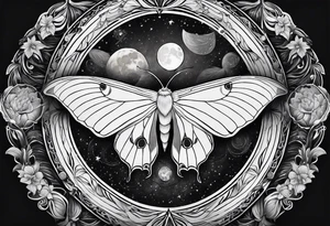 luna moth surrounded by the phases of the moon tattoo idea