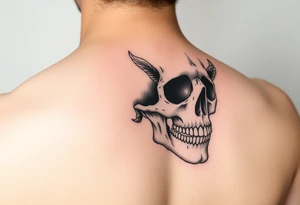 right side of a skull with majestic mushroom out of its eyes and mouth tattoo idea