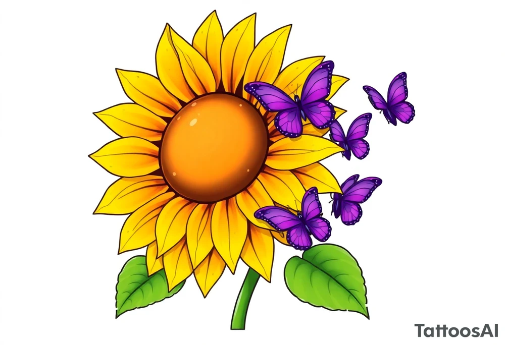 Sunflower with purple butterflies on side tattoo idea