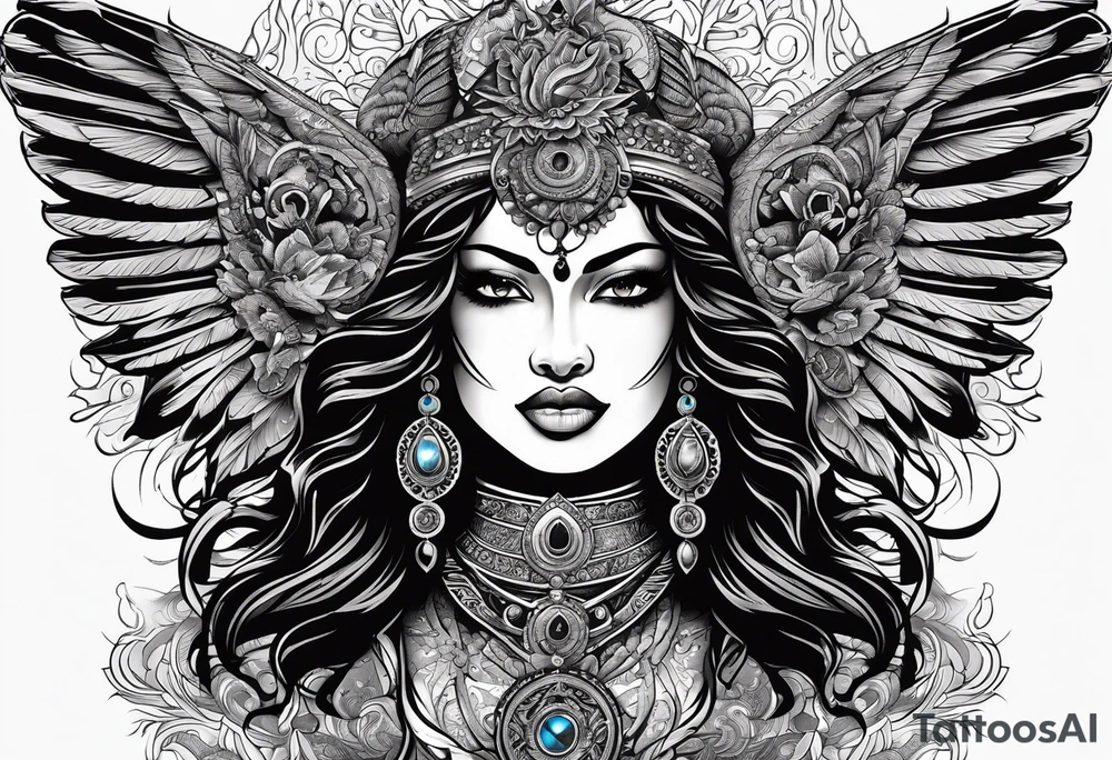 black kali, goddess pirate, alien, angel, pachamama, valkrye, warrior, flying, skull, lotus azul, wing, eagle, zenza resonance, stars, 5D, anahata chakra, death, durga, riding on a tiger, flying lady, chest tatoo tattoo idea