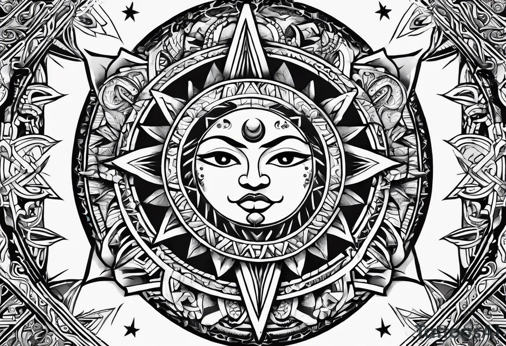 Sun in the middle with warrior symbols around it tattoo idea