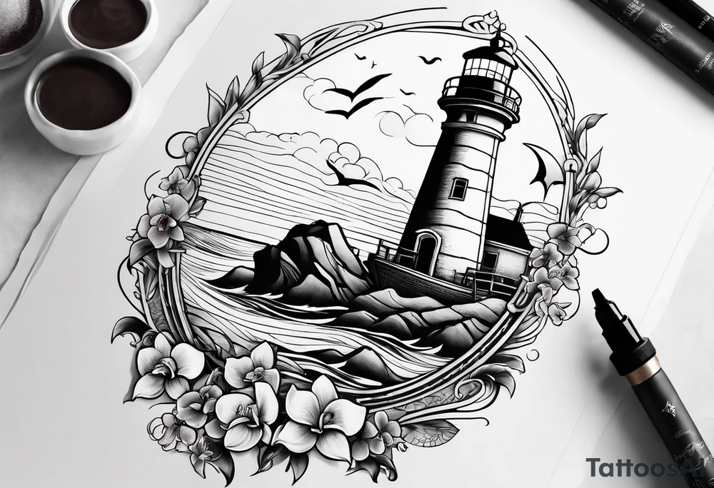 Lighthouse on a beach with a whale's tail sticking out of the water of the ocean with a border containing an anchor and orchids tattoo idea