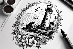 Lighthouse on a beach with a whale's tail sticking out of the water of the ocean with a border containing an anchor and orchids tattoo idea