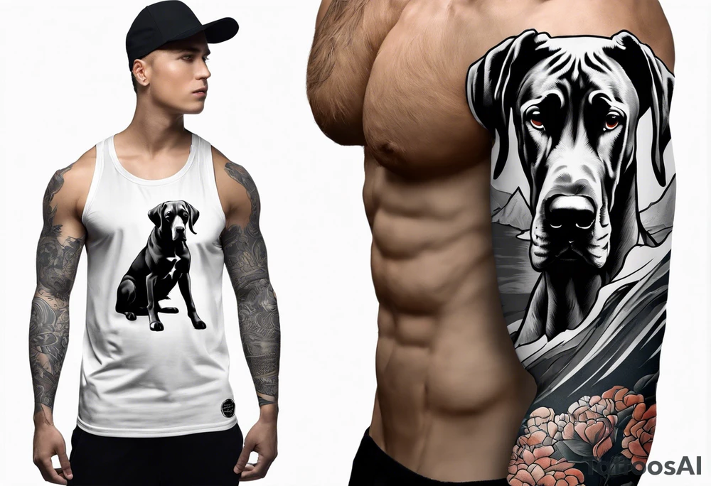 Arm sleeve for man-  with floppy ear Great Dane standing fiercely chest up. With outdoors fill work around the Dane. A waterfall in background tattoo idea