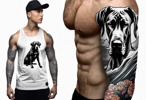 Arm sleeve for man-  with floppy ear Great Dane standing fiercely chest up. With outdoors fill work around the Dane. A waterfall in background tattoo idea