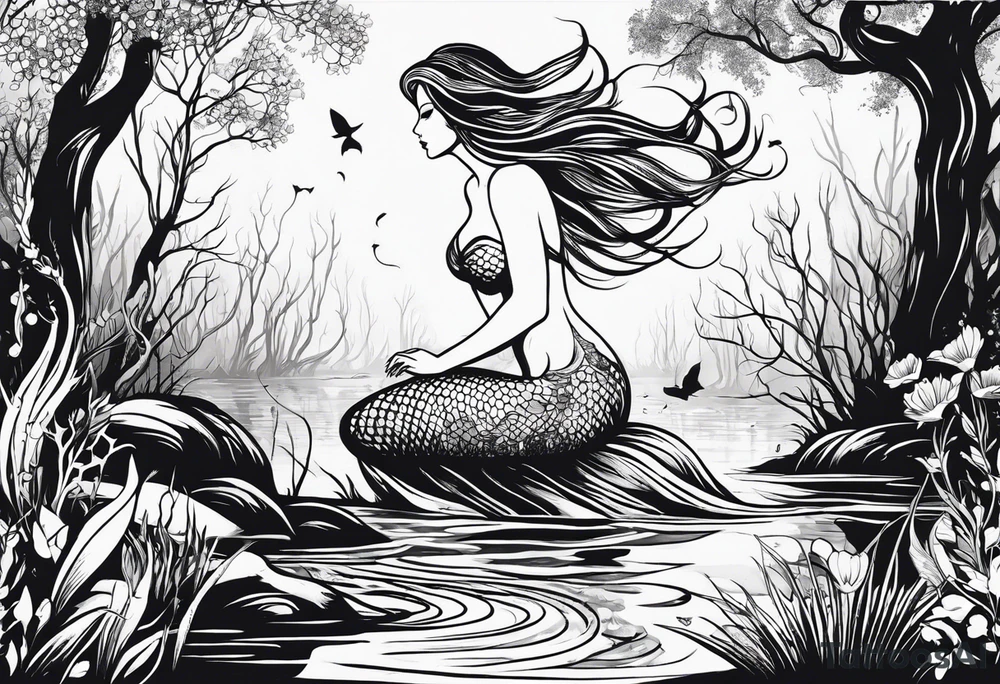 Mermaid silhouette in a swamp with trees and music. tattoo idea