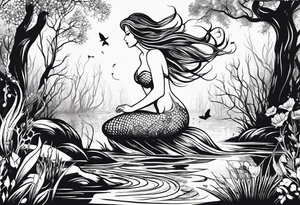 Mermaid silhouette in a swamp with trees and music. tattoo idea
