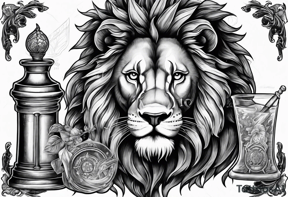 Classic heraldry lion holding a sword and a science beaker tattoo idea