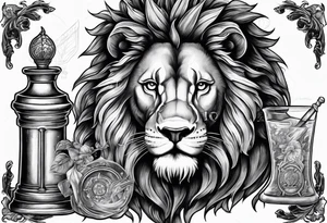 Classic heraldry lion holding a sword and a science beaker tattoo idea