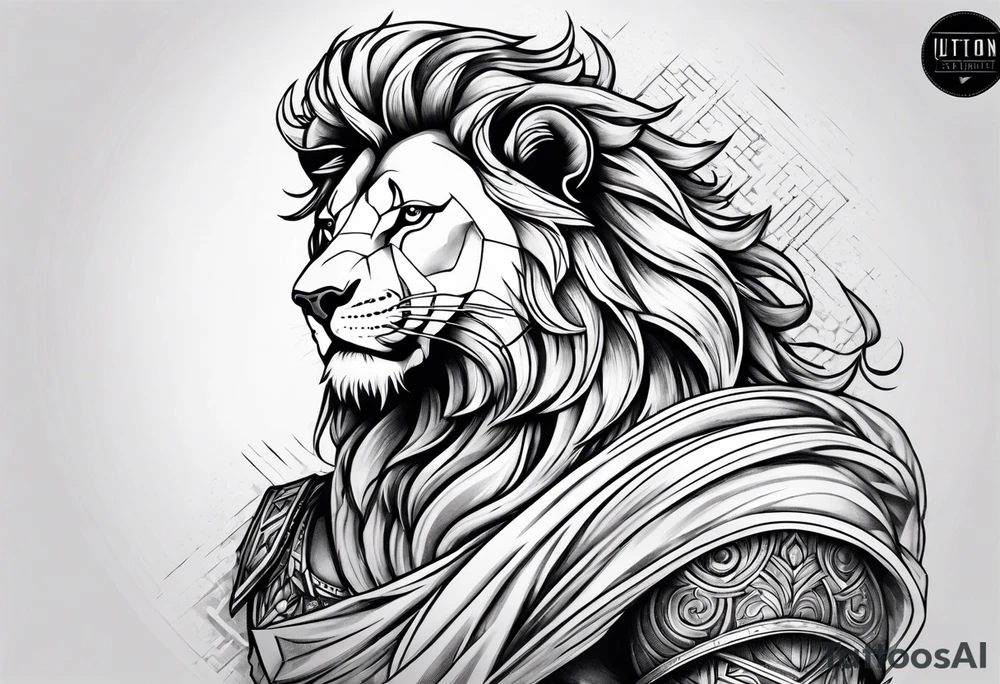 Lion, Greek god, spartan sleeve tattoo idea