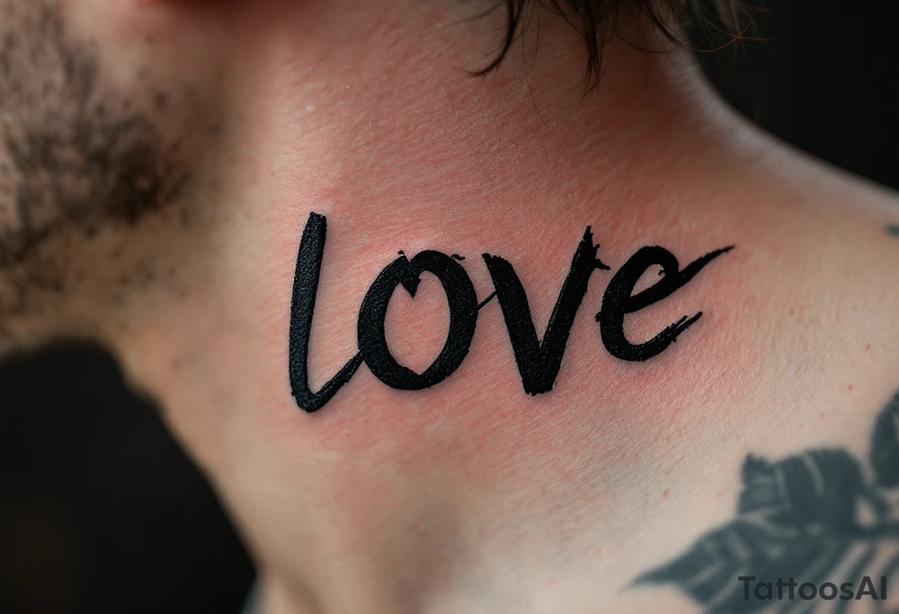 Brushstroke style tattoo in dark ink love faith hope with a crimson heart replacing the letter "o" in "love". tattoo idea