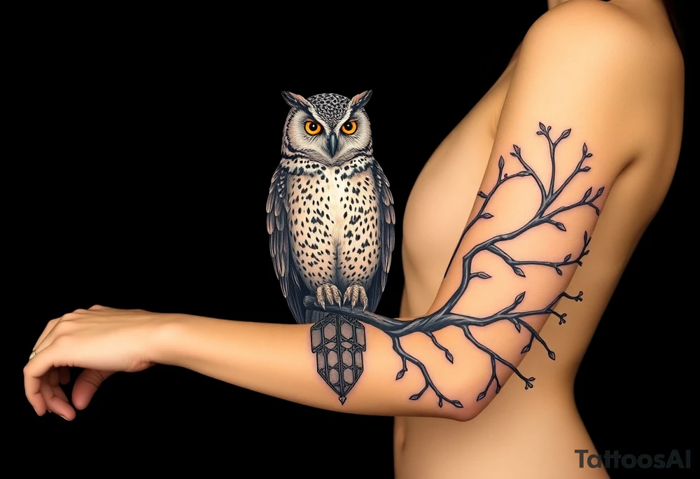 wise owl perched on ancient oak branch under starlit sky tattoo idea