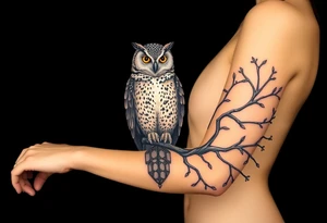 wise owl perched on ancient oak branch under starlit sky tattoo idea