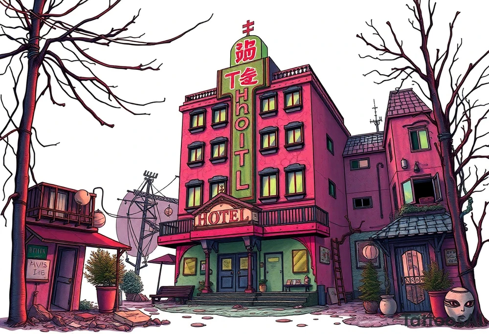 Tim Burton’s Tokyo sex hotel from outside viewis abandoned and dripping with muted reds, dusty pinks, and eerie green glow. tattoo idea tattoo idea