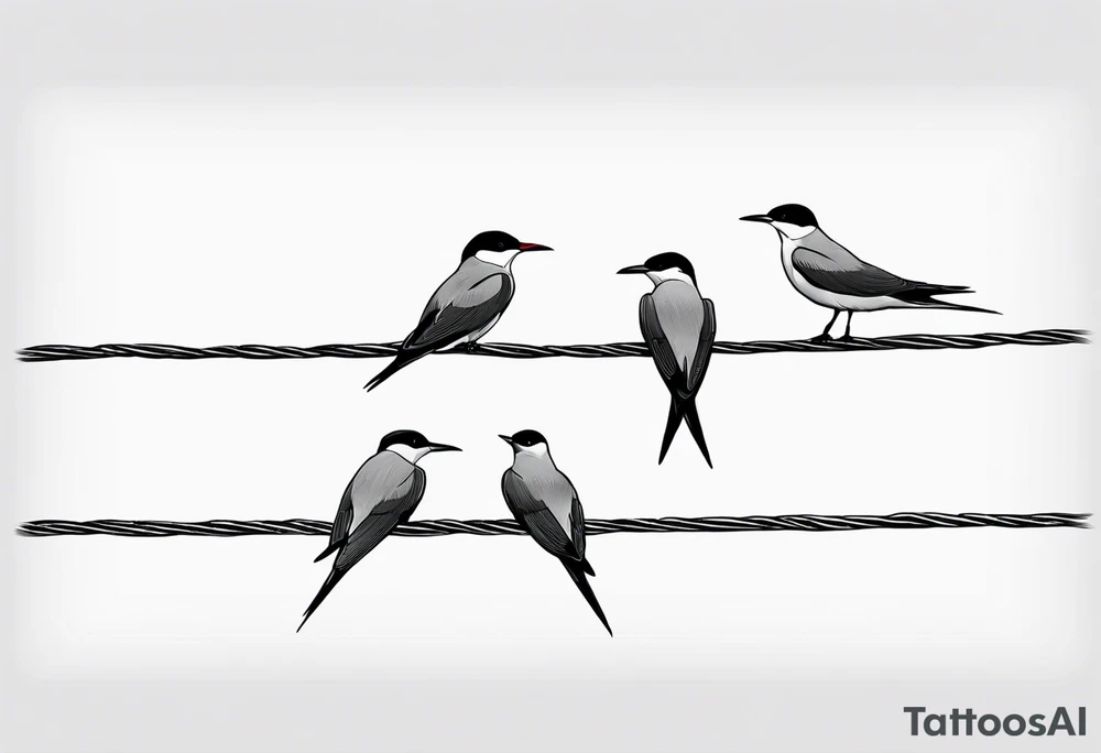 Three Arctic tern Silhouettes on a single power Line. Two are sittintg, one is about to fly tattoo idea
