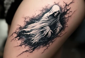 A ghostly white Reaper floating through a black void with hints of  blue trailing his robe. tattoo idea