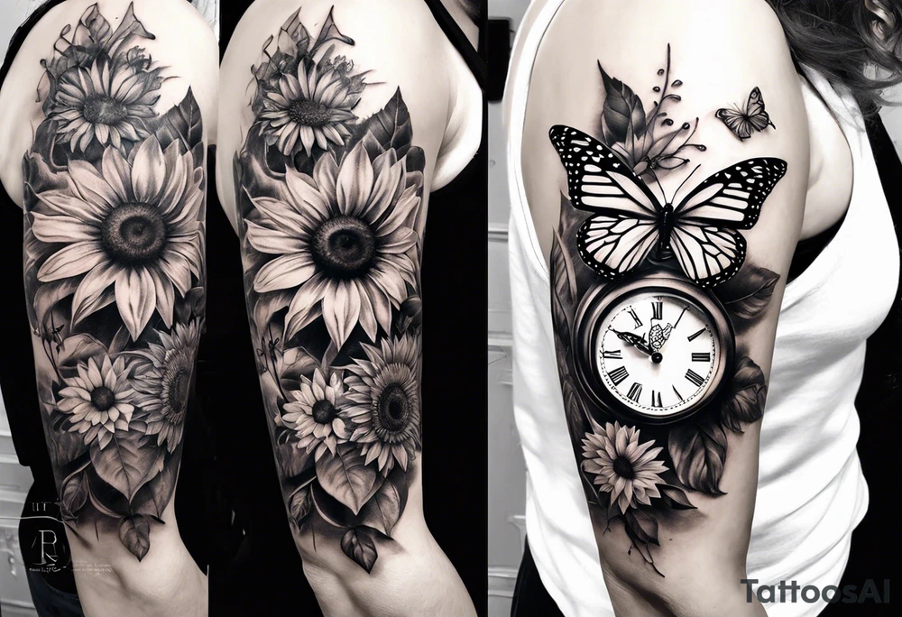Sleeve with clock, sunflower and butterfly tattoo idea