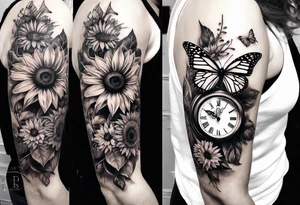Sleeve with clock, sunflower and butterfly tattoo idea