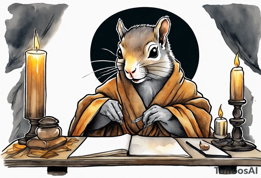 an elderly grey squirrel dressed in a monk robe wearing an eye patch sitting at a desk in the dark writing by candlelight tattoo idea