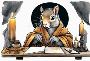 an elderly grey squirrel dressed in a monk robe wearing an eye patch sitting at a desk in the dark writing by candlelight tattoo idea