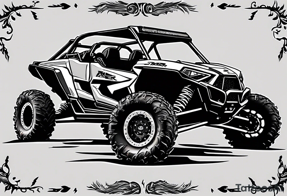 wilderness 4x4 trail with multiple polaris rzr off road vehicles slinging mud, include a rider with a helmet driving tattoo idea