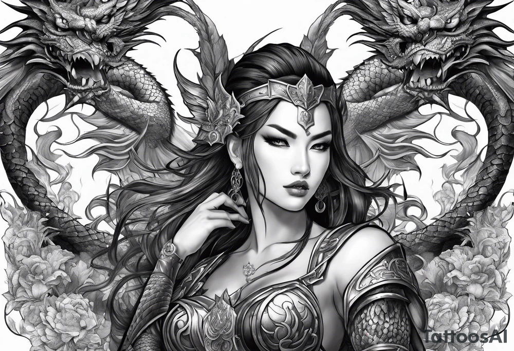 full body female warriors with two full body dragons tattoo idea