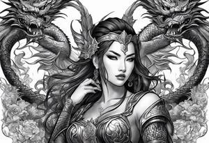 full body female warriors with two full body dragons tattoo idea