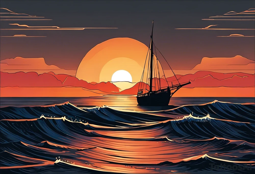 This tattoo needs to be incredibly simple and minimal. It's a sunset from the perspective of being on a boat on the ocean. The waves are very calm and there is no land in site. There are slight reflections of the sun on the water. The tattoo will be in landscape orientation. Mostly black with small splashes of color from the sun. There should be no objects in the tattoo besides the sun, water, and maybe some clouds and a bird or two. No land or boats. tattoo idea