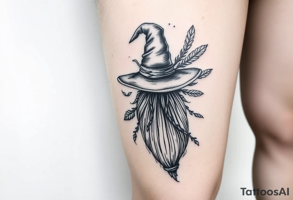 Which is broom with handle
 a witches hat with vines and feathers 
Smaller broom with hat placed on top or in the middle
Feminine and on a leg tattoo idea