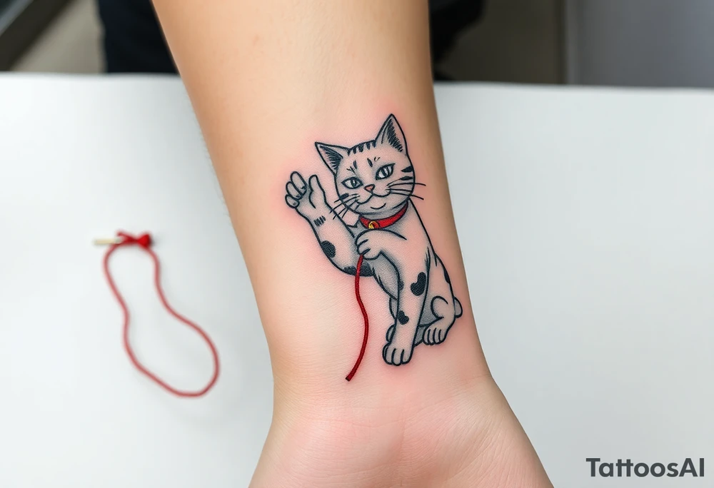chinese chopsticks with a red thread by the end of it,
about 5cm long , 1 cm wide
it goes into the anterior part of the left wrist
besides the chopstick lies a chinese cat drawing waving its riht arm tattoo idea