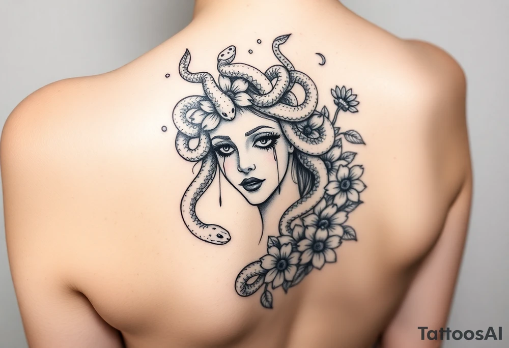 Medusa with tears snakes coming out of hair with flowers and quotes tattoo idea