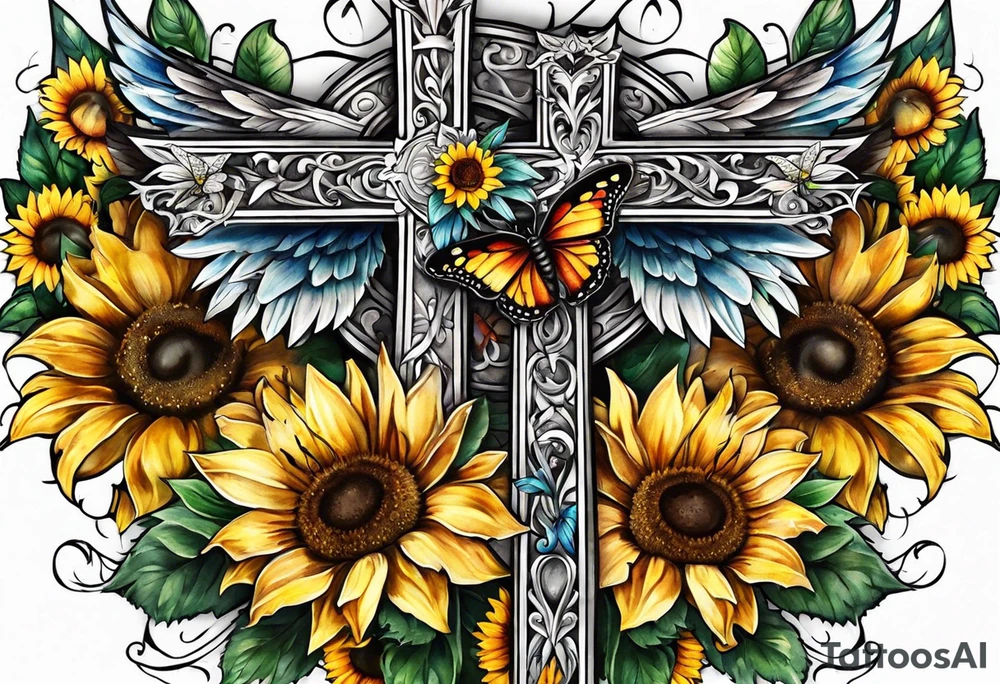 Winged cross with sunflower and butterflies tattoo idea