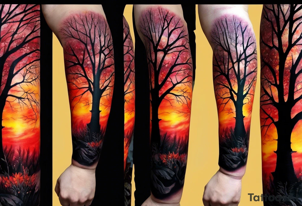 Arm tattoo. Long tattoo. Full sleeve. Shoulder. A maple tree with red autumn leaves that branches upwards. White-throated dipper bird on the trees branches. Calluna flowers at the base of the trees stem. Tree stem has dark colors. Red/yellow sunset behind the trees stem. Leaves falling. tattoo idea