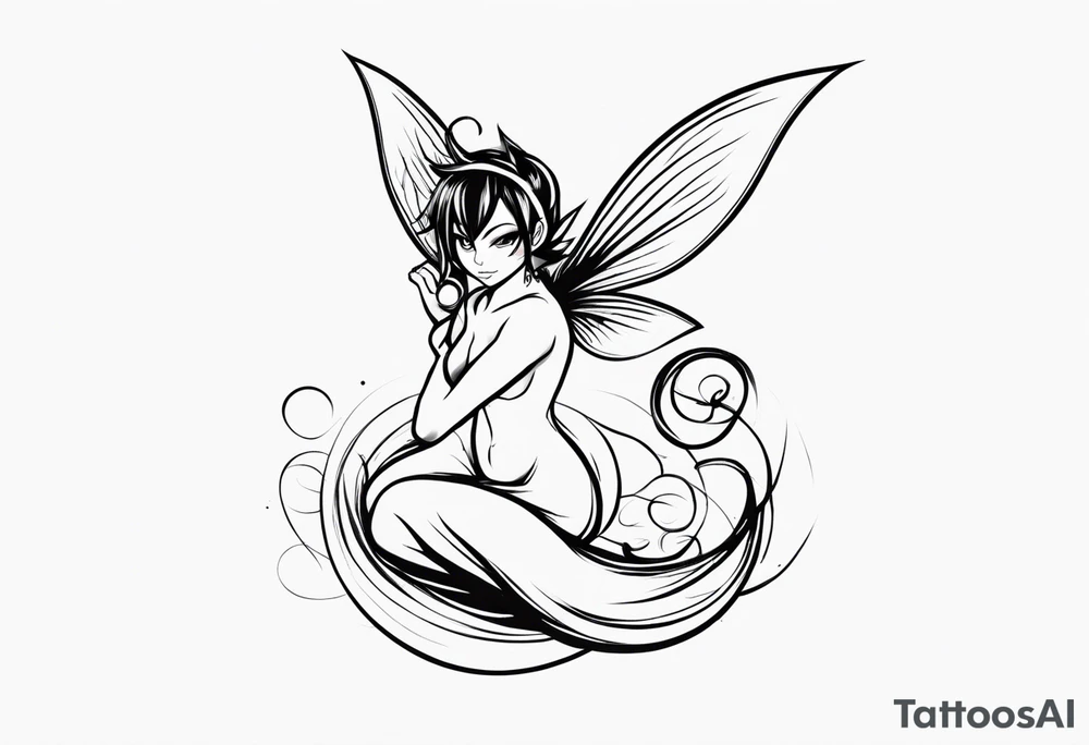 A fairy with a tail inspired by the logo of the show called Fairy Tail in a fetal position leaning in tattoo idea