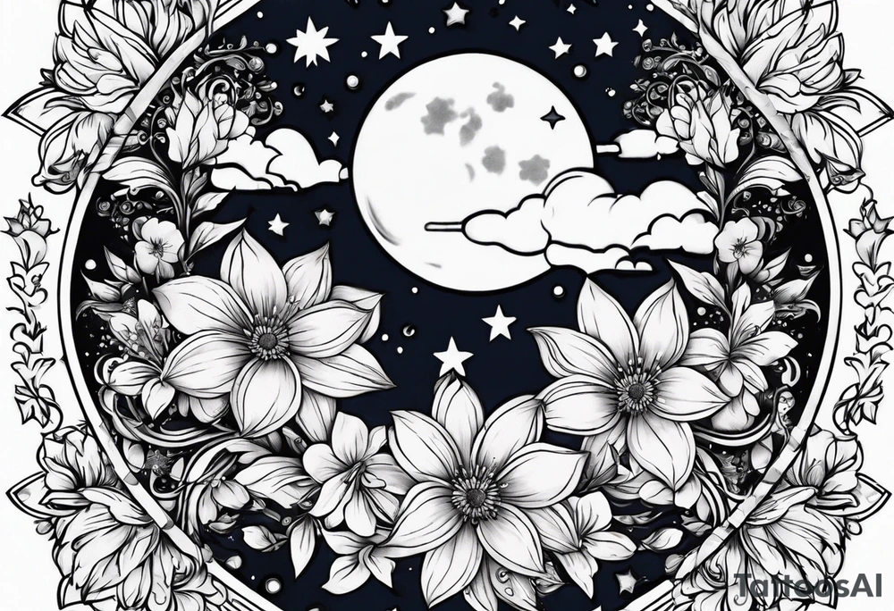 Moon stars flowers tattoo idea