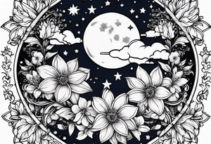 Moon stars flowers tattoo idea