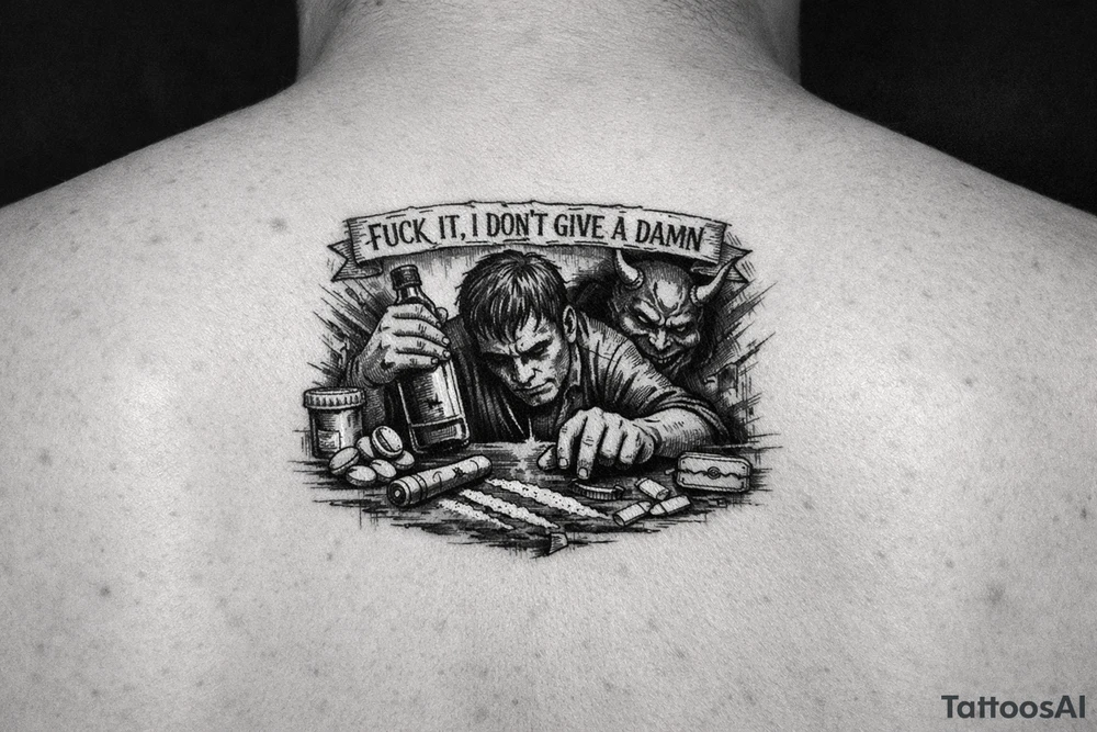 Fuck it, I don't give a damn, bottle in my hand
Pill poppin', jaw lockin', slumped where I stand
Lines on the counter, devil in the cut
All these drugs, motherfucker, I just mix 'em up tattoo idea Fuck it, I don't give a damn, bottle in my hand
Pill poppin', jaw lockin', slumped where I stand
Lines on the counter, devil in the cut
All these drugs, motherfucker, I just mix 'em up tattoo idea