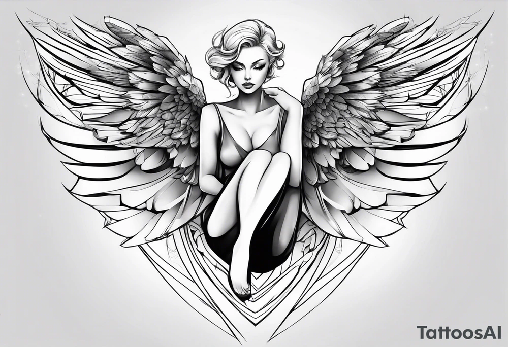 Angle with wings and charlize between to wings tattoo idea