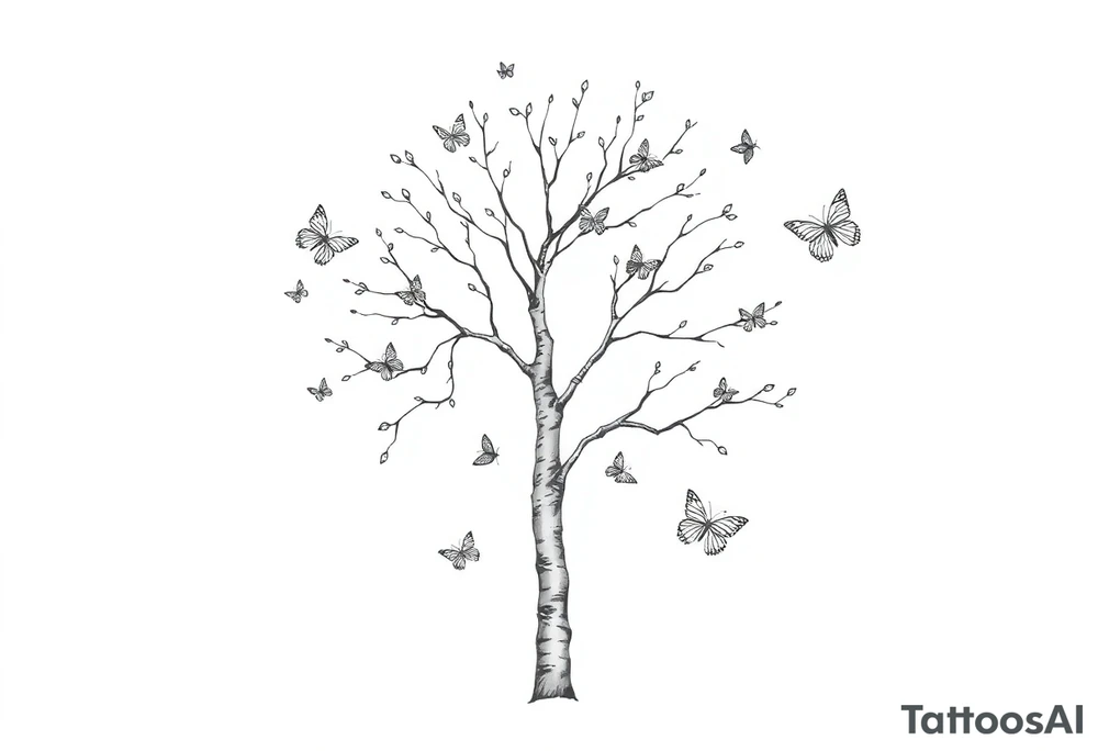 birch tree with leaves and butterflies around it tattoo idea