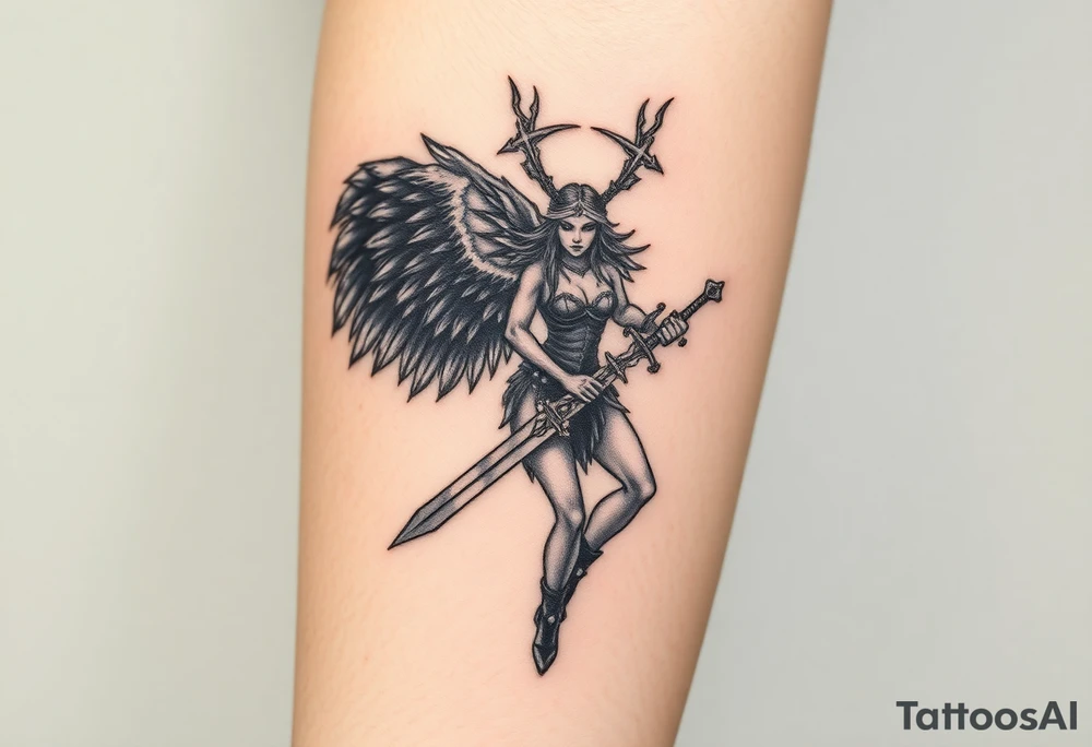 A fierce looking Valkyrie with very big dark wings. The whole body with legs should be visible. 
She's wielding a intricatelly decorated sword and a sturdy tattoo idea