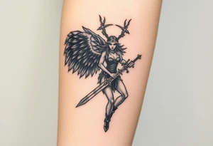 A fierce looking Valkyrie with very big dark wings. The whole body with legs should be visible. 
She's wielding a intricatelly decorated sword and a sturdy tattoo idea