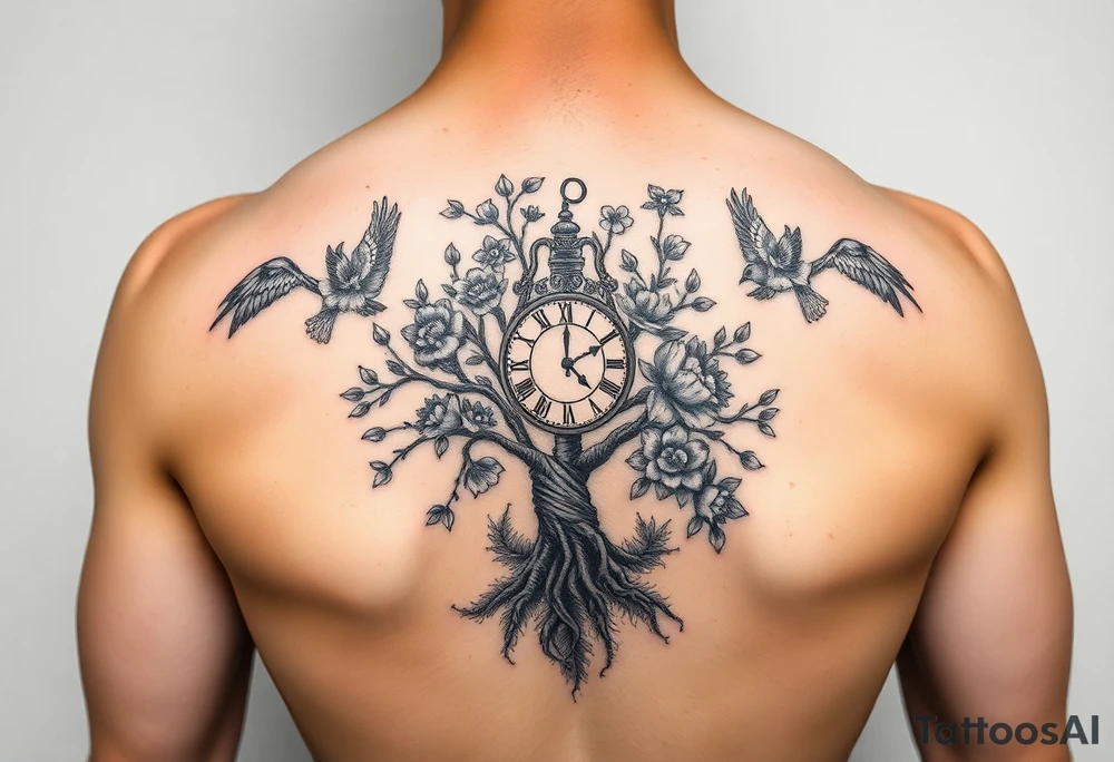tree of life with clock, flowers,  surrounded by floral ornaments and birds tattoo idea