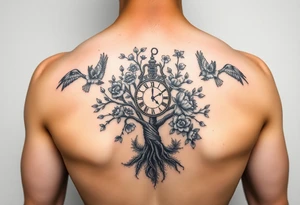 tree of life with clock, flowers,  surrounded by floral ornaments and birds tattoo idea