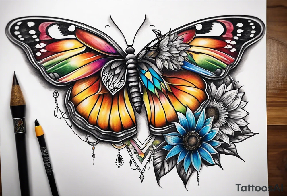 Quarter Leg sleeve with dreamcatcher, rainbow sunflowers and one butterfly tattoo idea