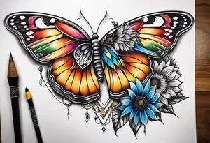 Quarter Leg sleeve with dreamcatcher, rainbow sunflowers and one butterfly tattoo idea