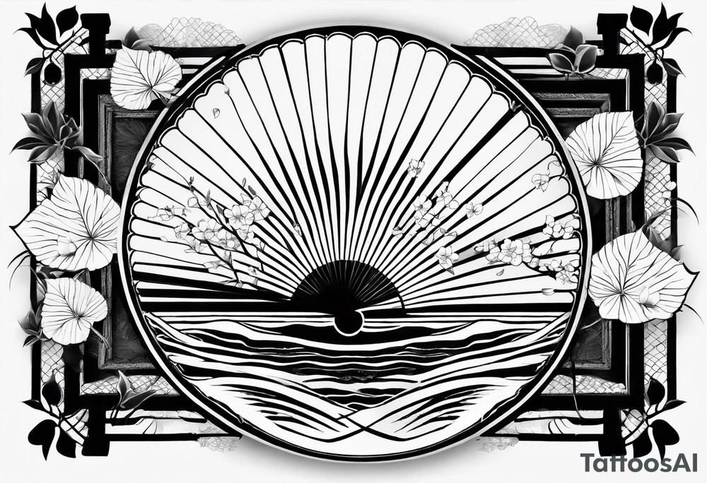 Japanese fan mostly black with basic leaves around it tattoo idea