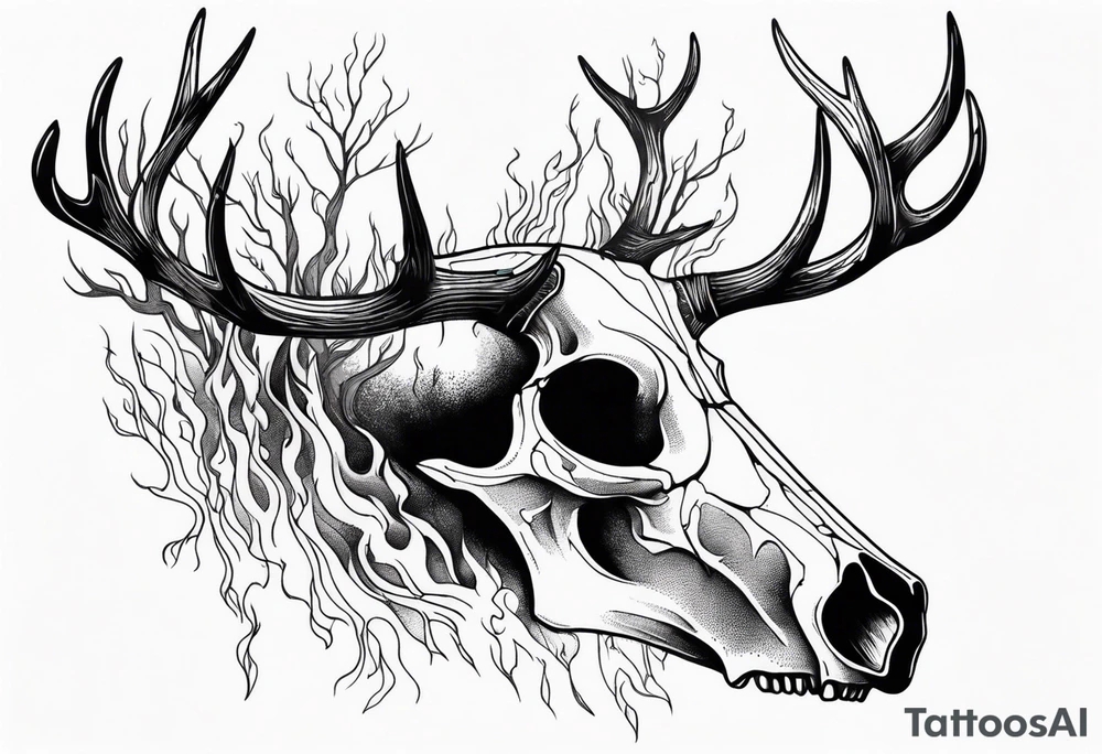 side profile of a DECAYING deer skull JUST BONE surrounded by a flames and trees tattoo idea