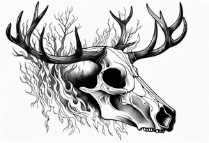 side profile of a DECAYING deer skull JUST BONE surrounded by a flames and trees tattoo idea